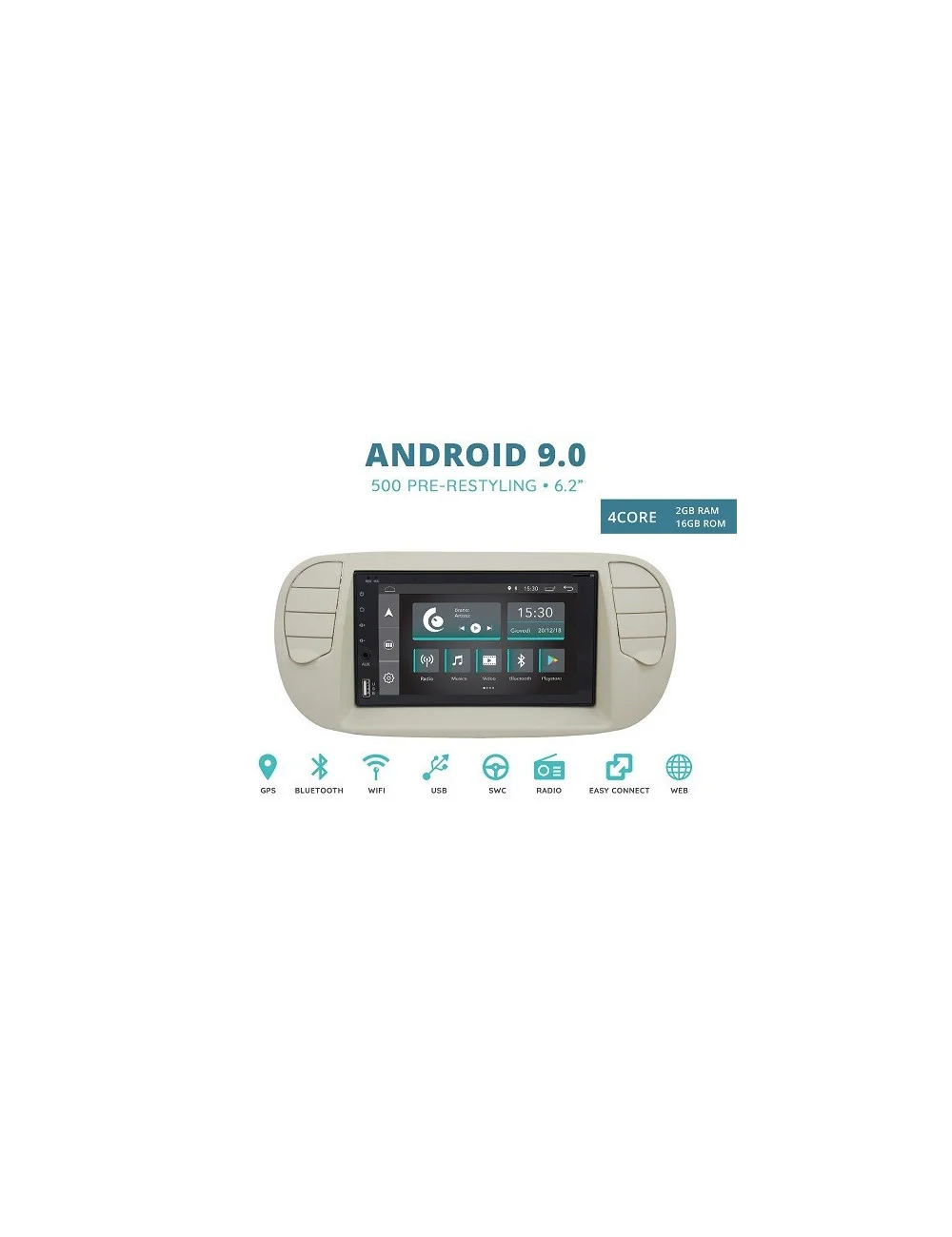 CUSTOM FIT JF-227A-XDAB-F5P AUTORADIO FIAT 500 DAL 2007 ANDROID QUADCORE