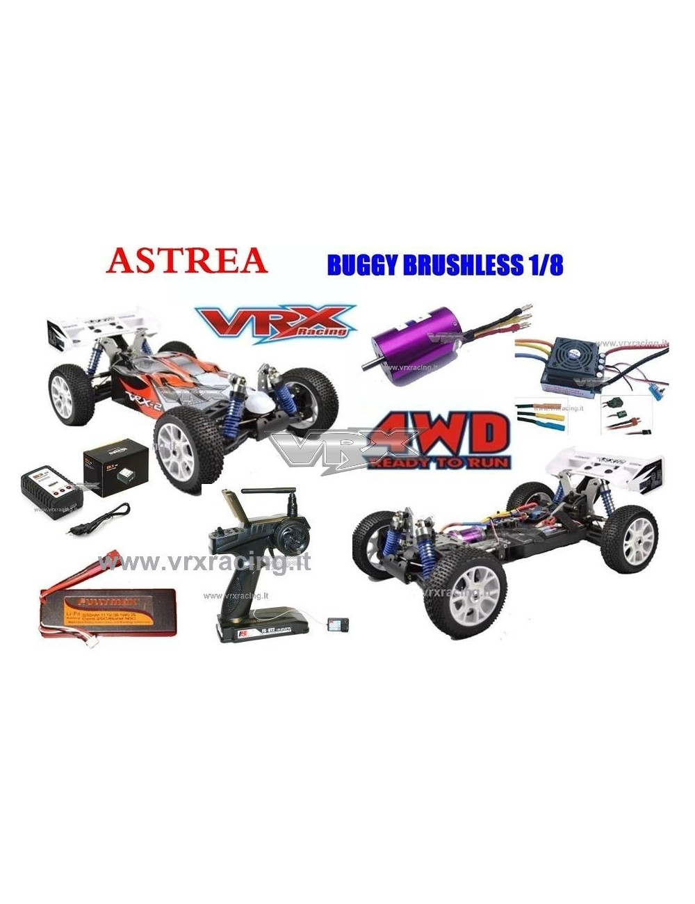 VRX-2E ASTREA Buggy Elettrico Brushless con Batteria Lipo 11,1V e Radio 2.4gHz in Scala 1/8 4WD RTR
